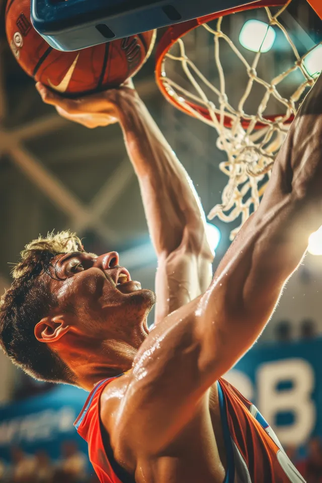 A basketball player reaches for a high dunk with the net and rim in view during a 3x3 game.