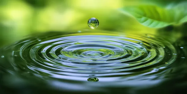 Green water droplets create concentric ripples with soft leaf reflections under diffused light in a macro close-up.