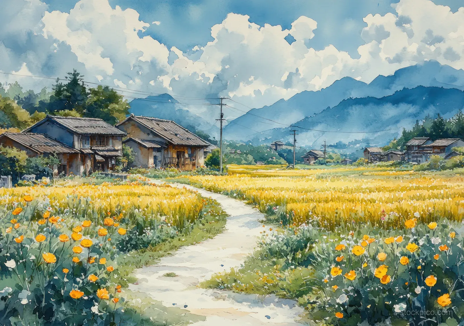 A winding dirt road passes rice fields and yellow flowerbeds toward traditional village houses under a blue cloudy sky.
