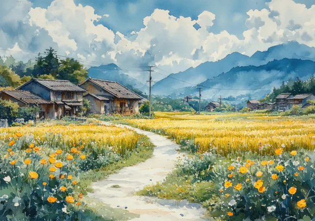 Winding rural road through rice fields and flowerbeds with village houses beneath blue sky