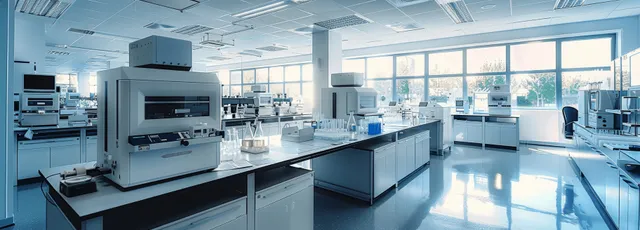 Inside a high-tech laboratory with scientific instruments on benches and bright panoramic windows.