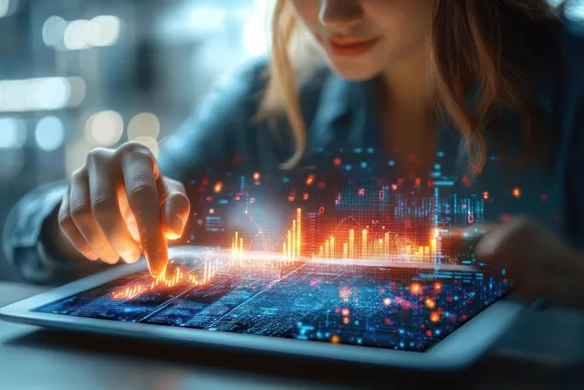 A business analyst taps a tablet displaying glowing financial charts and network data in a dark office.