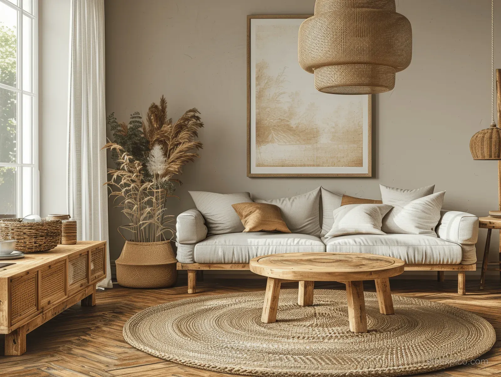 Beige minimalist living room showing a sofa, framed poster above cabinet, and a wooden coffee table by the window.
