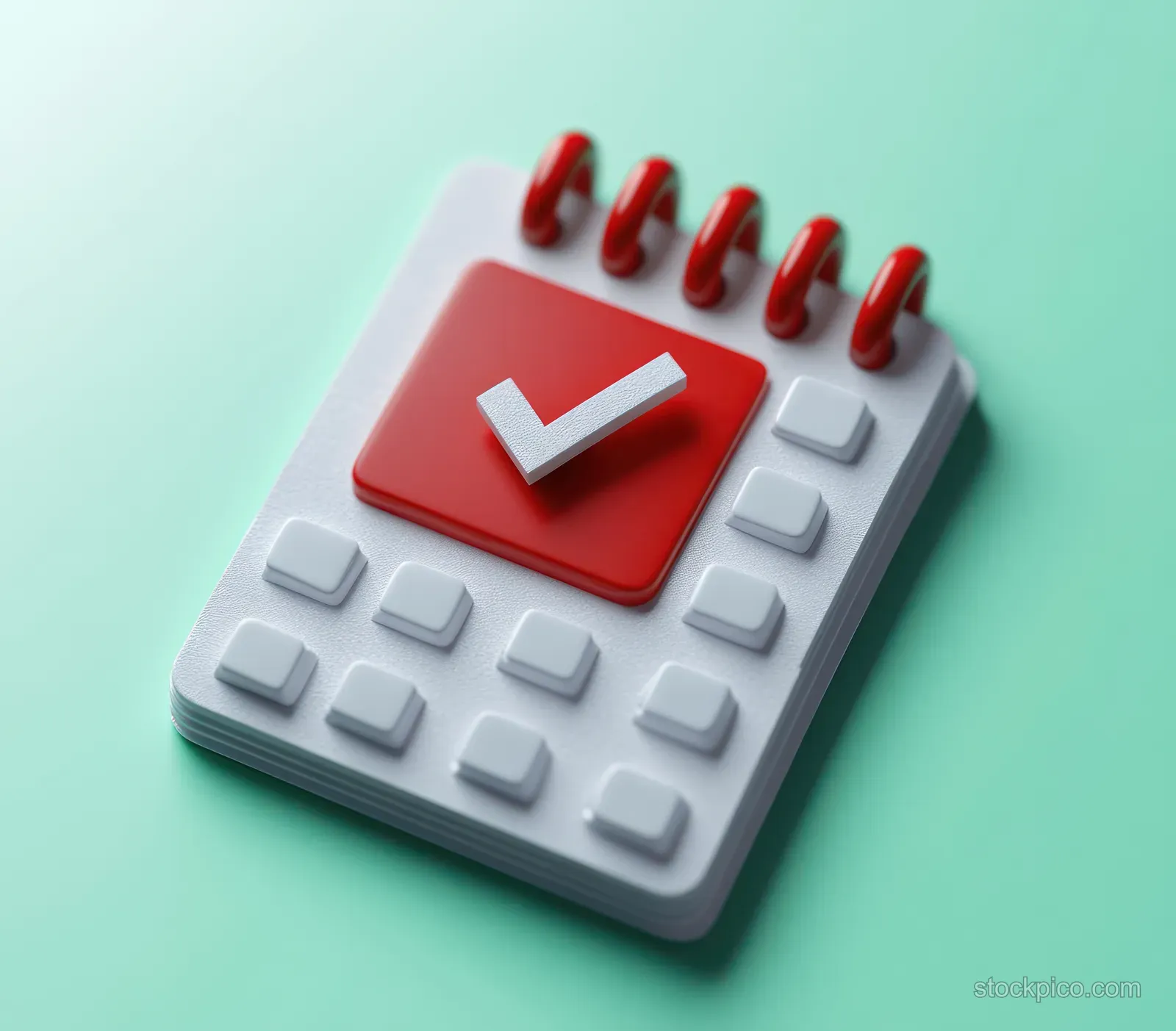 A 3D spiral desk calendar on a mint green background with a red square and white check mark.