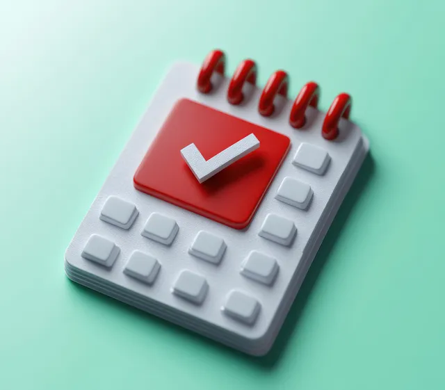 3D spiral desk calendar showing a red check mark on mint green background