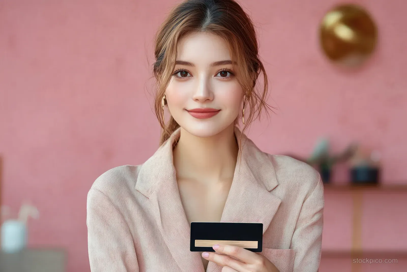 Smiling businesswoman holding a credit card in front of a soft pink background for online payment.