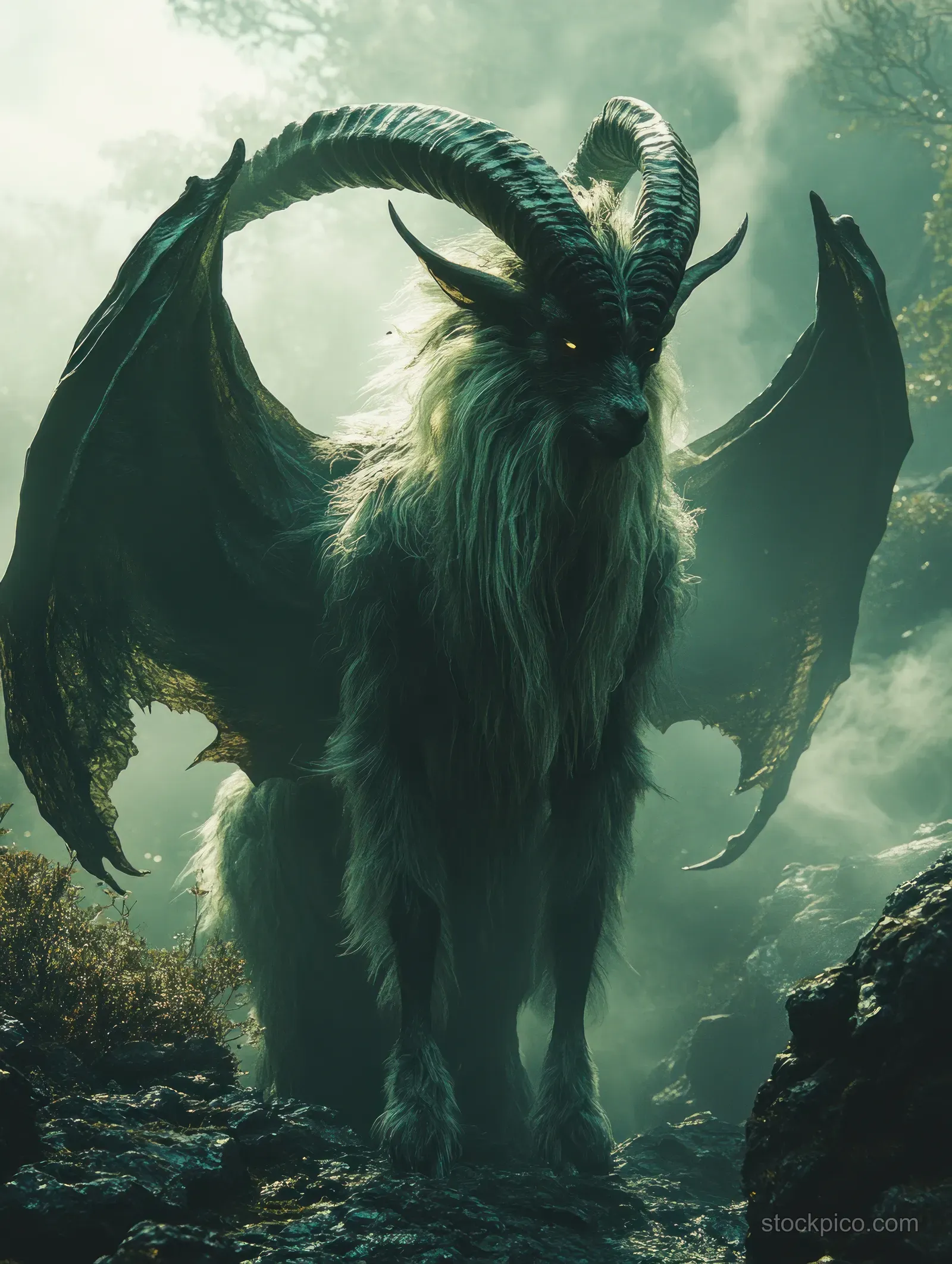 A goat-horned demon with bat wings stands menacingly in a foggy dark forest.