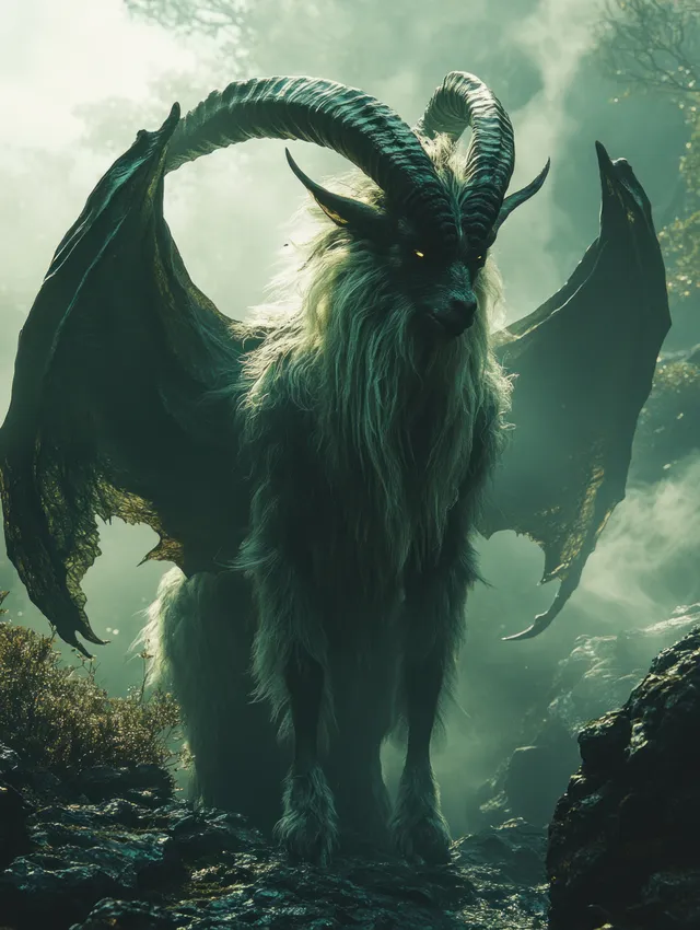 A goat-horned demon with bat wings stands menacingly in a foggy dark forest.