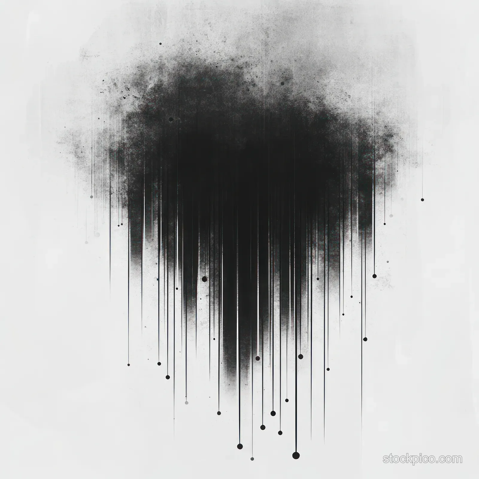 Black ink stain spreads downward into vertical dripping lines and scattered dots on a white background.