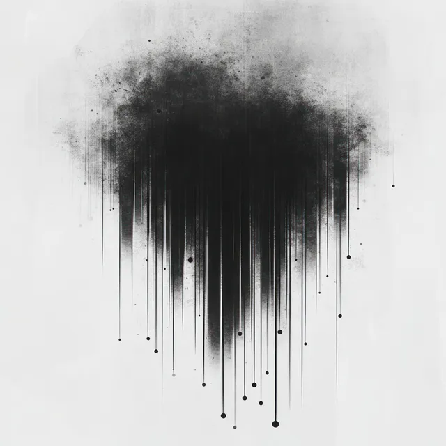 Monochrome abstract ink burst with dripping vertical dot trails on soft white backdrop