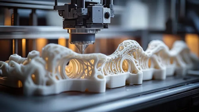3D printer nozzle depositing white filament into a lattice-like organic structure on a metal bed