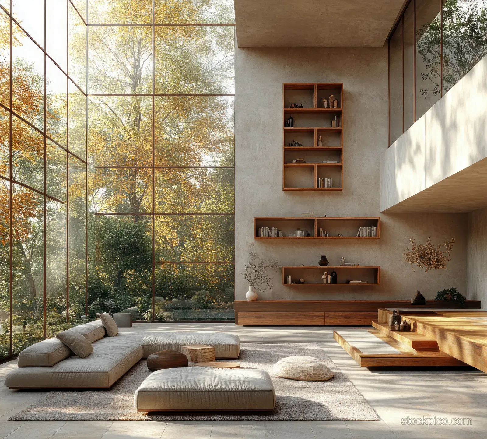 A minimalist living room with a curved sectional sofa, open shelves, and large sunlit windows.