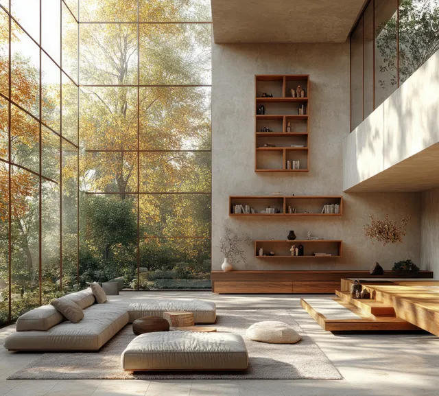 Minimalist living room with curved sectional sofa, large windows, and warm sunlit flooring