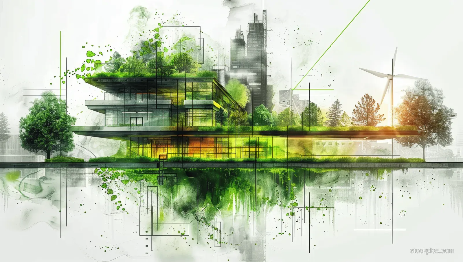 Watercolor concept of a sustainable city with solar panels, wind turbines, and green ink splashes above reflections.