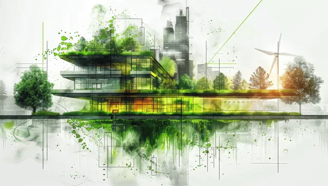 Watercolor concept of a sustainable city with solar panels, wind turbines, and green ink splashes above reflections.