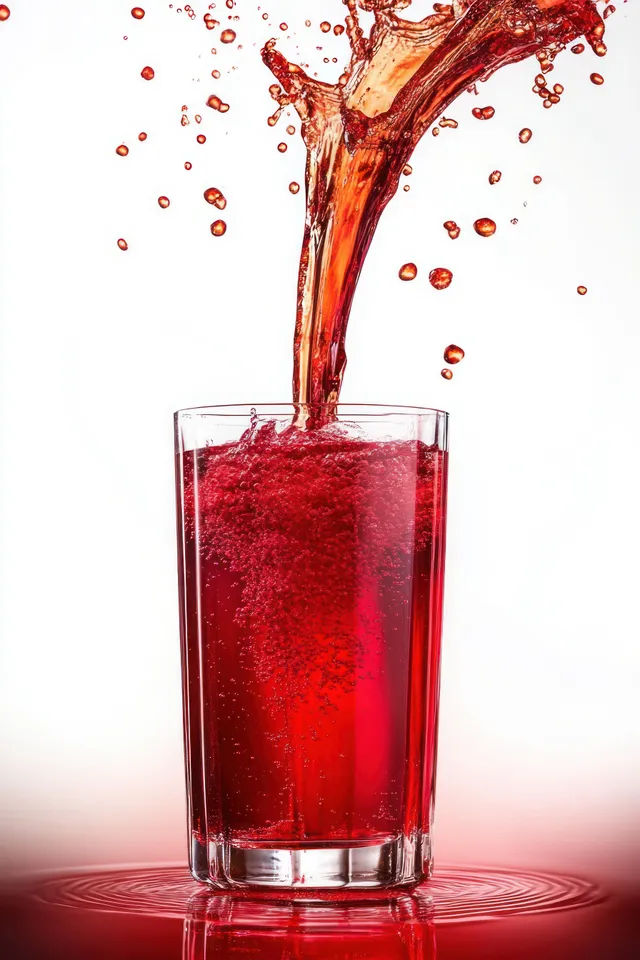 Cherry juice splashing from above into a red glass, vivid droplets on white backdrop