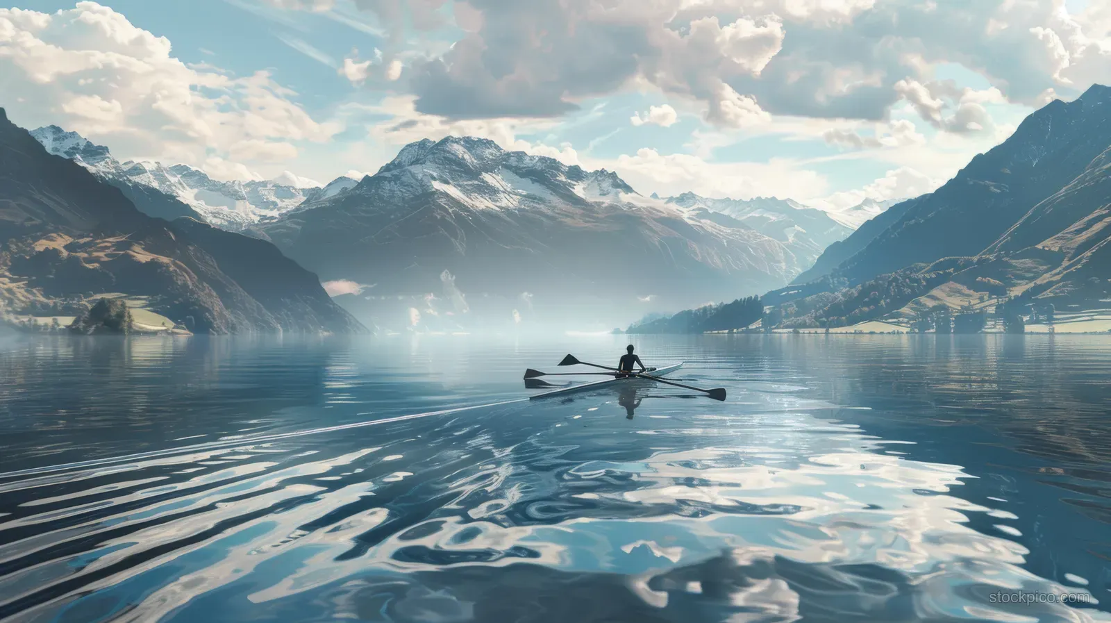A single sculler rows across calm water with mountain peaks and reflections in the distance.