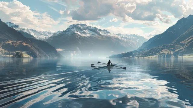 A single sculler rows across calm water with mountain peaks and reflections in the distance.