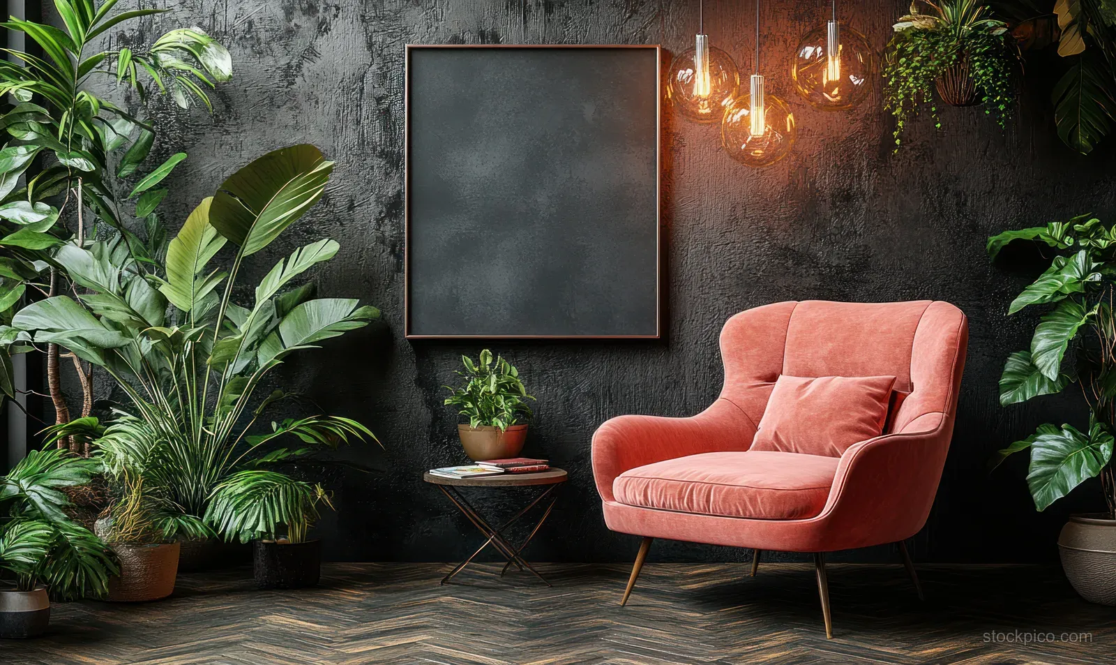Plush pink armchair sits in a minimalist living room corner beside a framed canvas and potted plants on a dark wall.