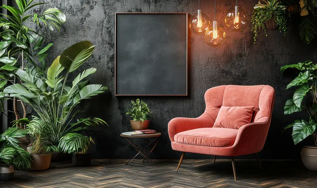 Plush pink armchair sits in a minimalist living room corner beside a framed canvas and potted plants on a dark wall.
