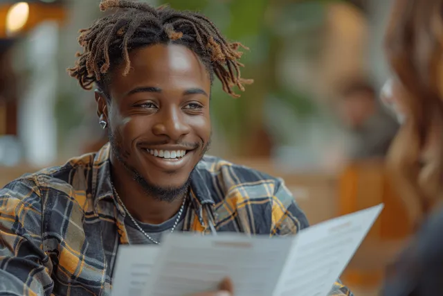 Smiling man in an office reviews printed documents with a teammate across a table.