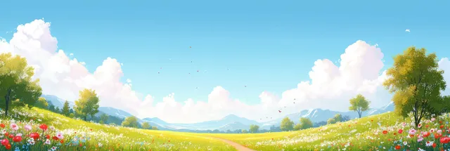 Sunlit wildflower meadow stretches toward distant mountains beneath a clear blue sky