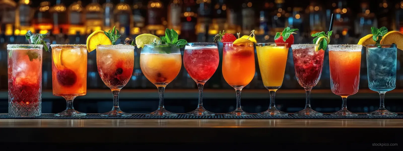 A bar counter displays a row of fruit and herb garnished cocktails with blurred liquor bottles behind them.