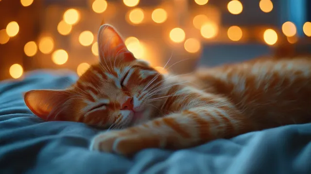 Orange tabby cat sleeping on a soft bed with warm bokeh lights glowing behind it indoors.