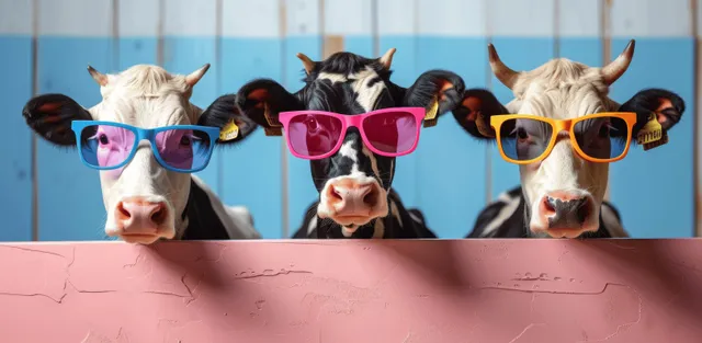 Three cows wearing colorful sunglasses peek over a pink table in front of a blue and white background.