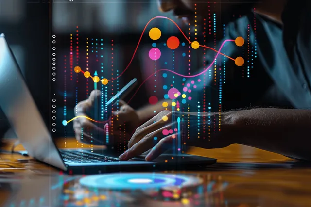 A businessman uses a laptop to interact with an AI data dashboard displaying growth charts and network node graphics.