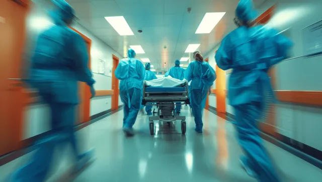 Emergency room staff push a patient gurney through a hospital hallway with visible motion blur.