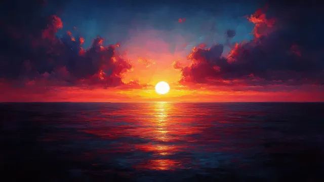 Fiery sunset over calm ocean with swirling clouds and bright reflection on dark water
