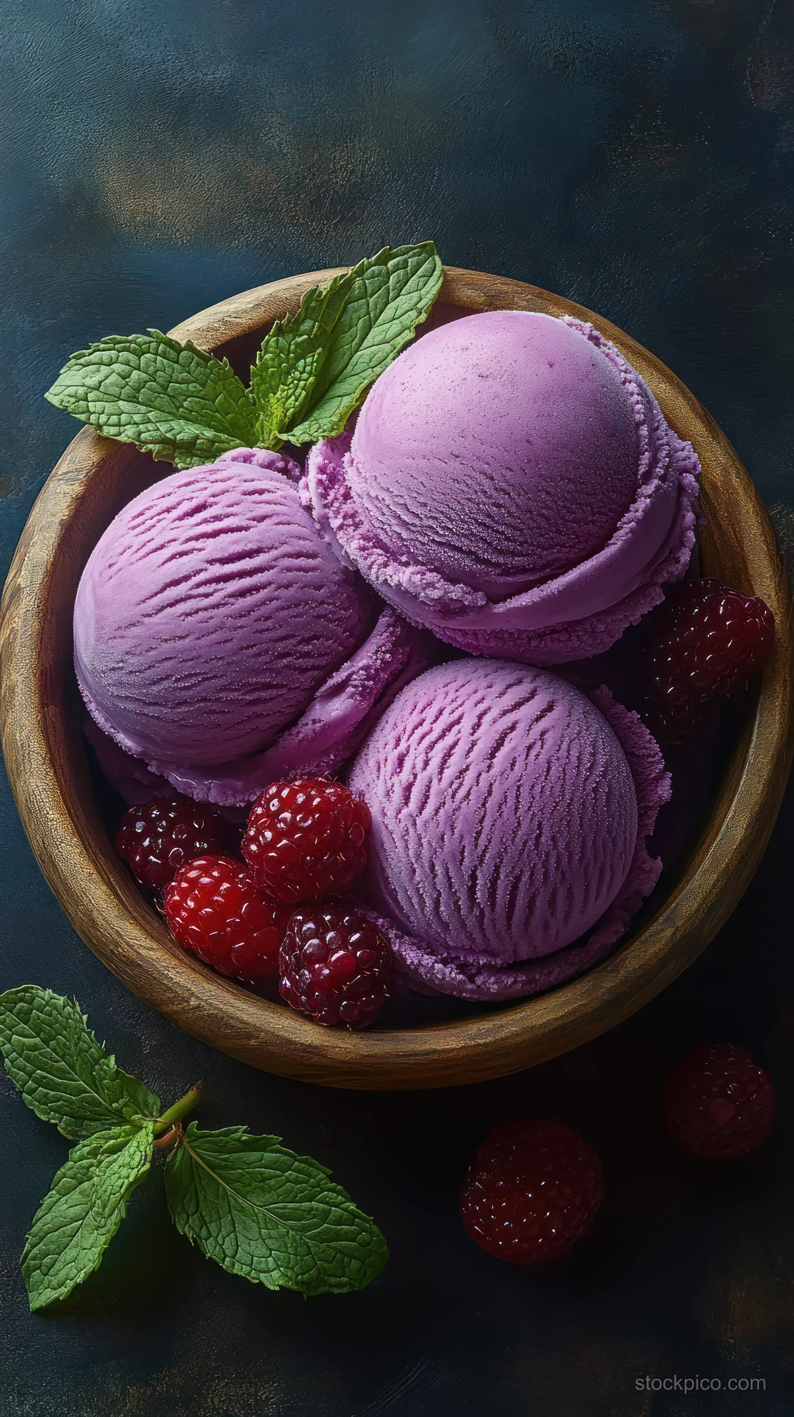 Three scoops of purple ice cream in a wooden bowl with raspberries and mint leaves against a dark textured background.