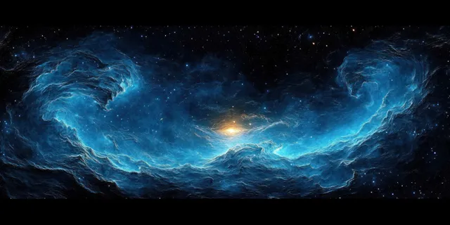 A swirling blue and teal nebula fills a wide cosmic panorama with scattered stars and glowing haze.