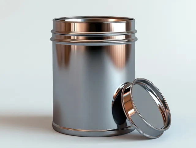 Metallic trash can with leaning lid on minimalist studio floor, reflective highlights