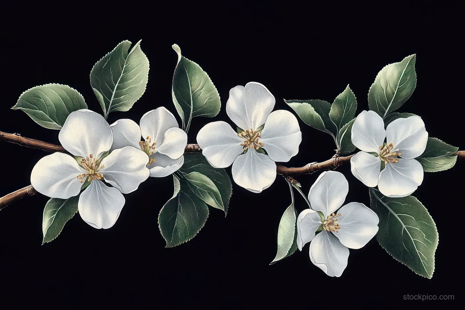 White blossoms with green leaves on a slender tree branch isolated on a solid black background.