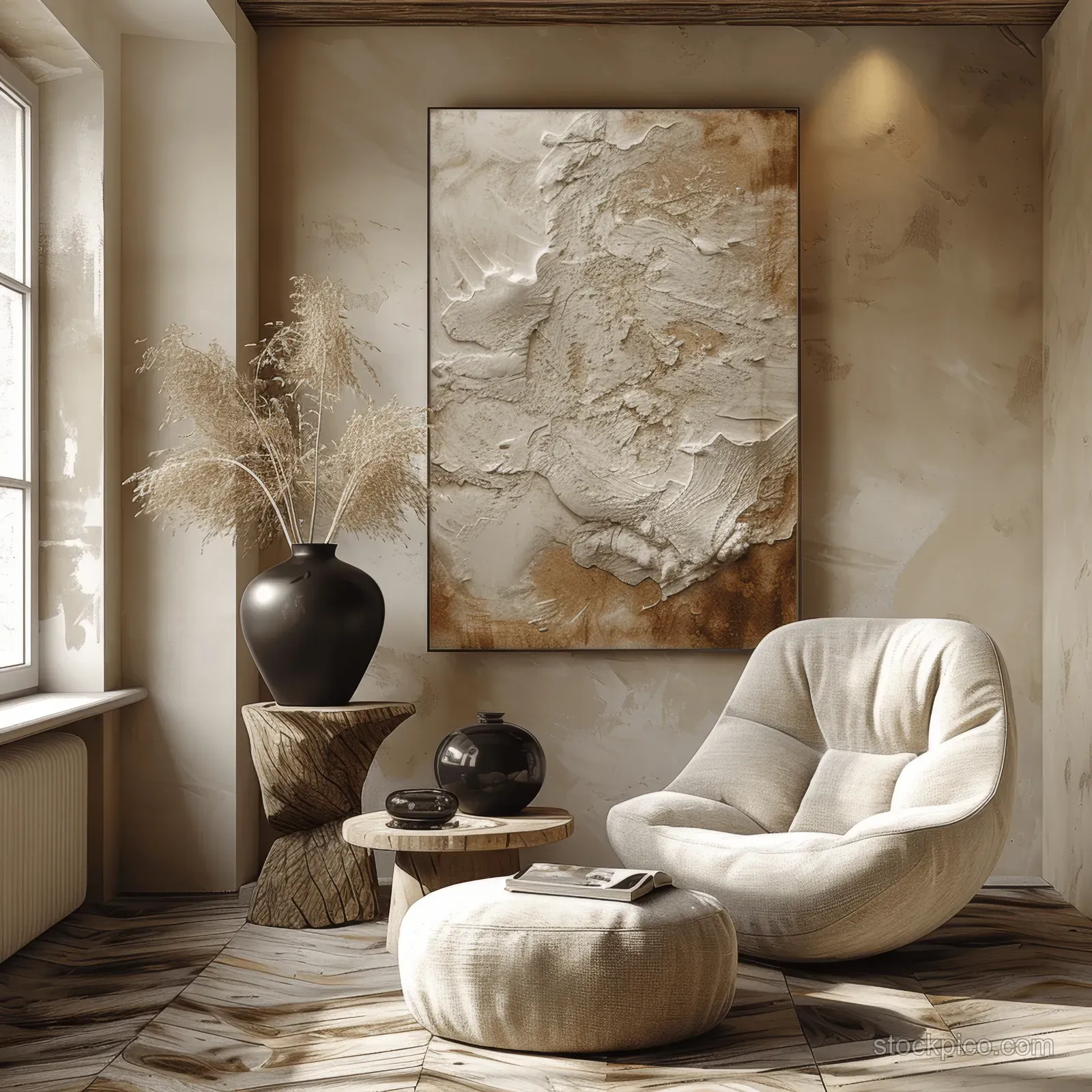 Beige lounge chair with a wood side table and abstract wall art in a sunlit minimalist living room.