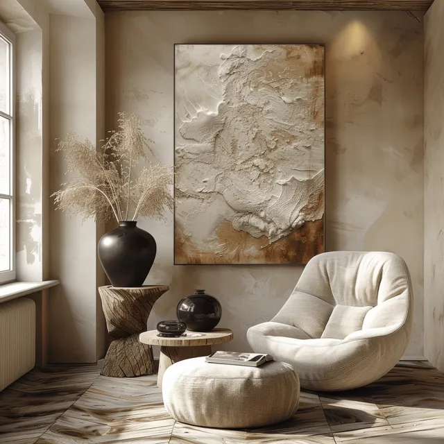Beige lounge chair with a wood side table and abstract wall art in a sunlit minimalist living room.