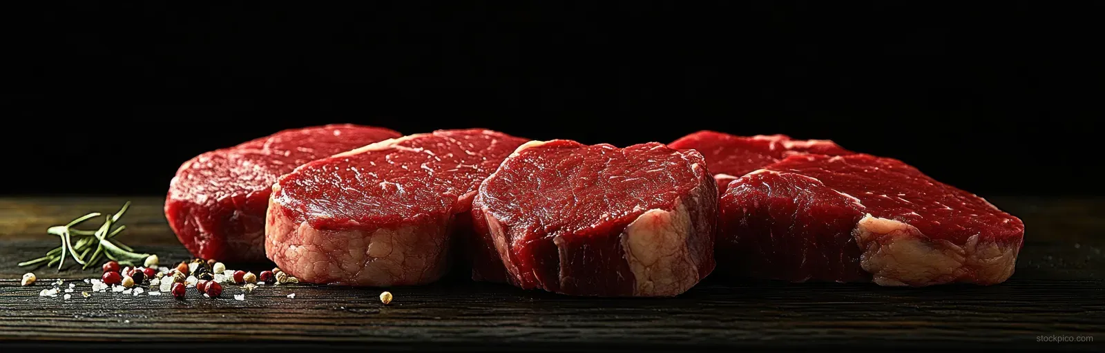 Four raw beef steaks with salt, peppercorns, and rosemary on a dark wooden surface.