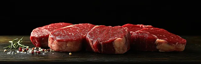 Four raw beef steaks with salt, peppercorns, and rosemary on a dark wooden surface.