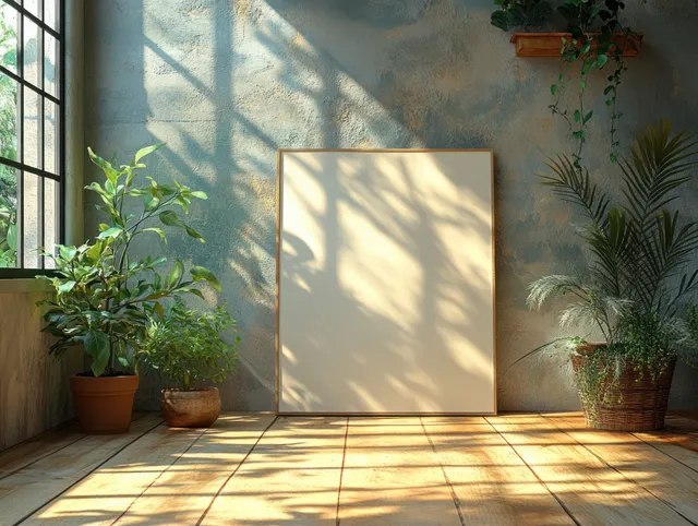 Blank poster frame centered on a pale wall with potted plants and a sunlit wooden floor casting shadows.