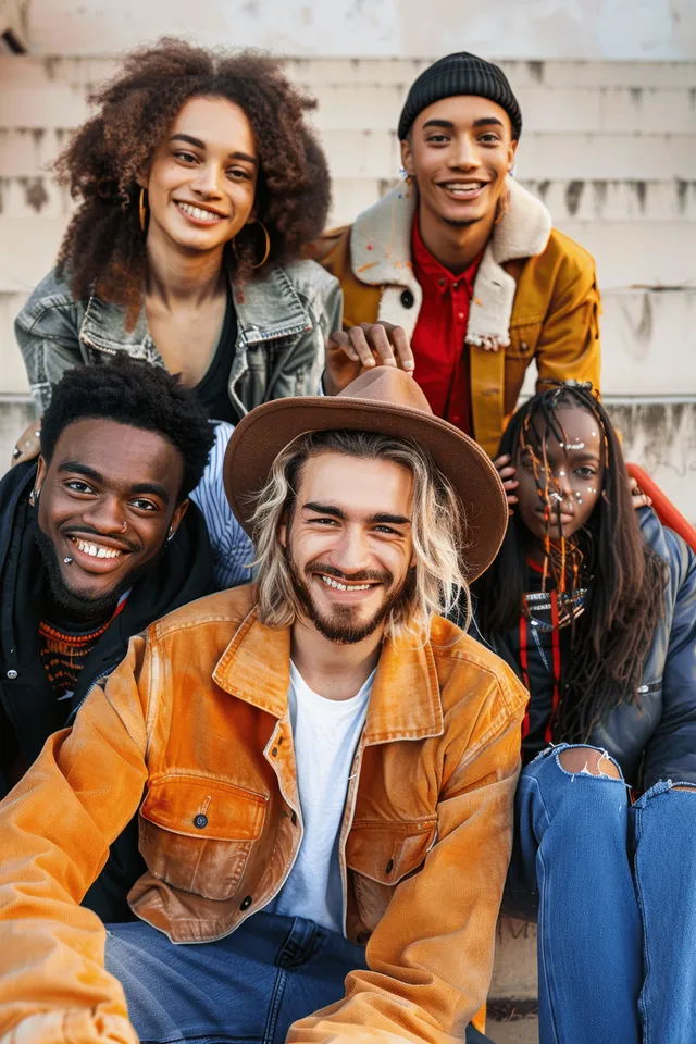 Amigos multiculturais posam e sorriem em escadas da cidade durante o dia, de frente para a câmera com roupas casuais.