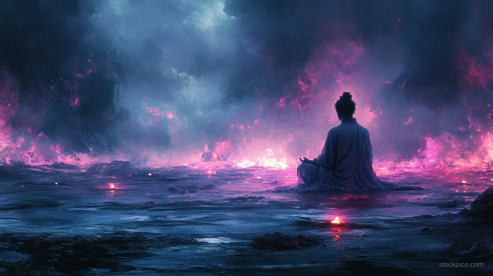 Silhouetted Mary meditates in candle glow while purple clouds and reflections light a quiet Christmas night scene.