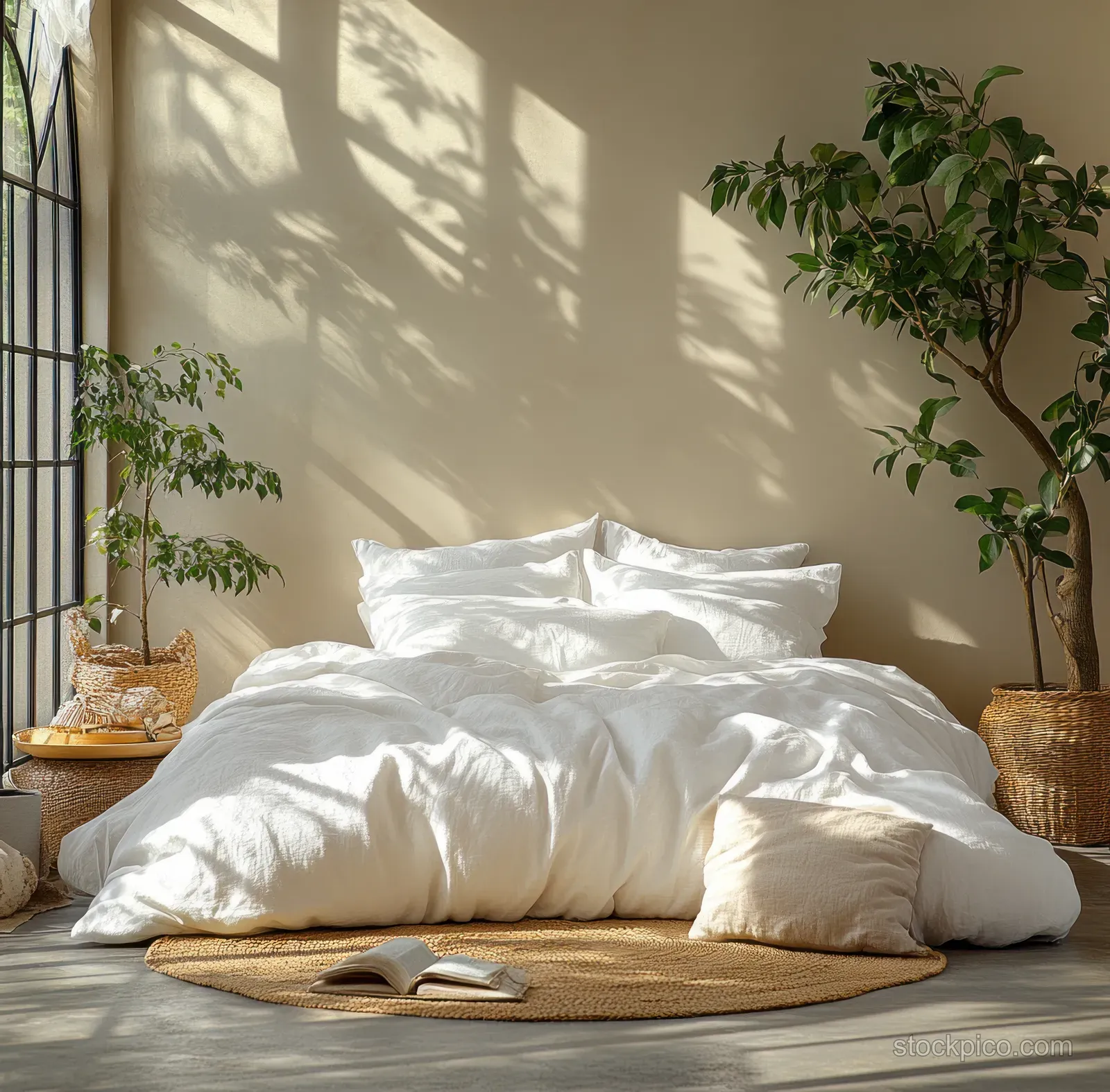 A sunlit minimalist bedroom with a white bed, woven mat, and potted plants casting shadows from the window.