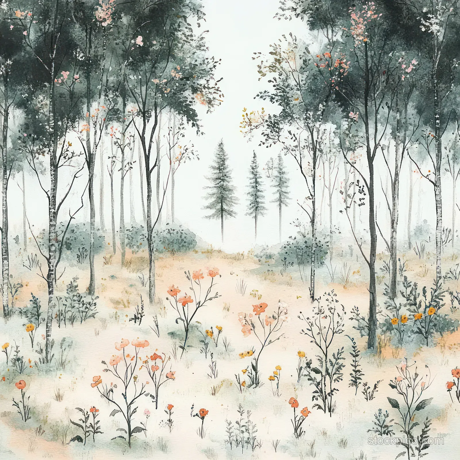 Pastel watercolor forest meadow with small wildflowers, slender trees, and misty dappled sunlight.