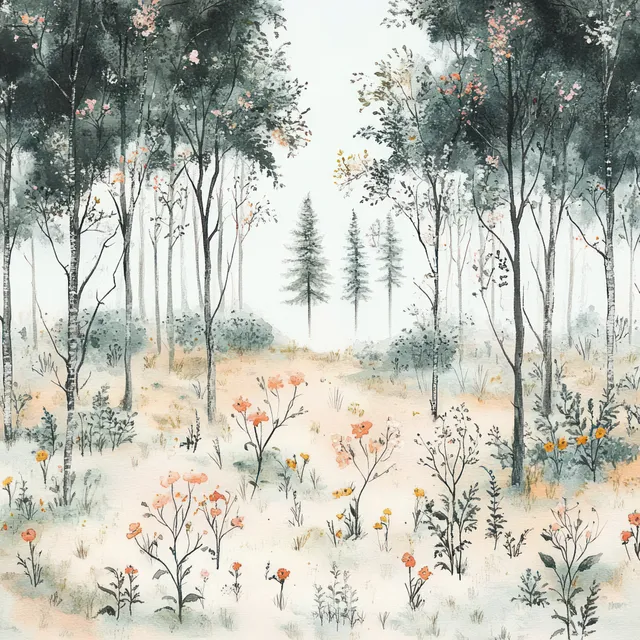Watercolor forest meadow scene with wildflowers and dappled sunlight, pastel winter palette