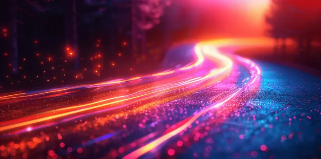 Blue and orange light trails curve through a dark digital road, signaling data flow