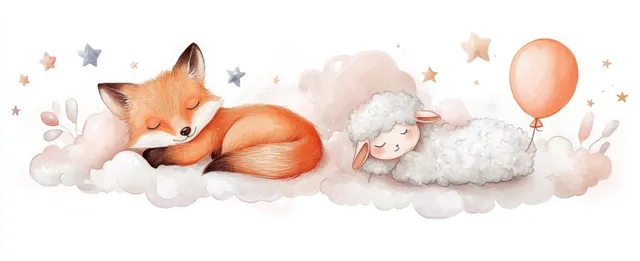 Sleeping fox and fluffy sheep lie on cloud pillows with pastel star sparkles and soft moonlight.