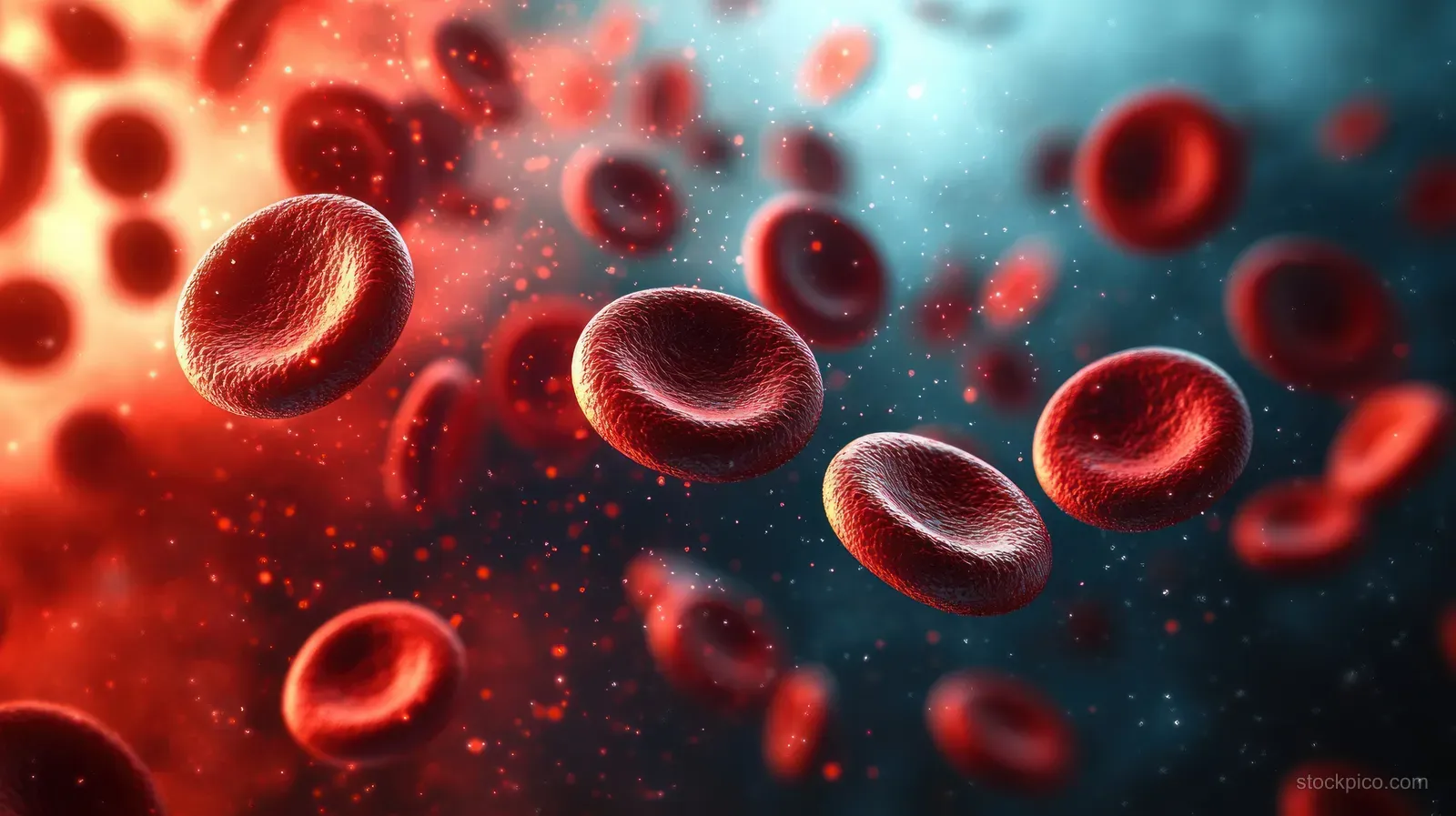Red blood cells drift through a blue and red vein-like background with glowing particles and soft blur.
