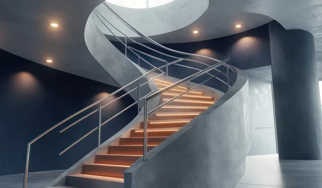 Spiral stainless steel staircase inside a modern interior with warm spotlights highlighting the wooden steps and rails.